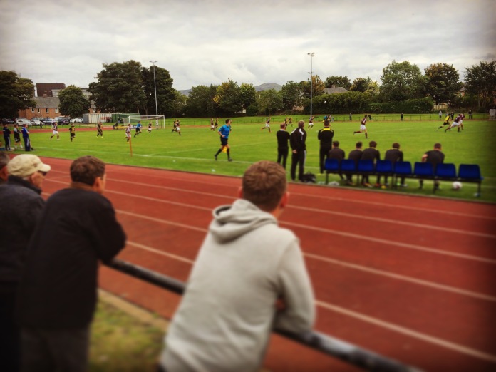 Kelt Hearts supporters look on as their side trail. Also, spot the new nets - I've always loved a good set of goals.